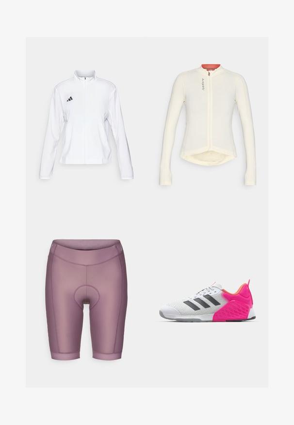 adidas Performance ADIZERO ESSENTIALS - Løbejakker - white; Hvid langærmet trøje med høj krave, lynlås foran og kontrasterende rød inderside af halsudskæringen; har en let buet kant.; Mauve cykelshorts lavet af glat, strækbart stof; har en polstret indsats og bredt brystbælte; knælængde med flade sømme.; Hvid atletisk sko med grå striber, mesh overdel og pink hæl og detaljer. Har tekstureret hæl og gummisål. Snørebånd og polstret krave.