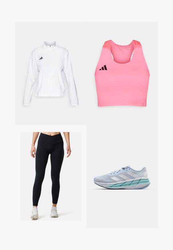 adidas Performance ADIZERO ESSENTIALS - Laufjacke - white; adidas Performance ADIZERO - Top - lucid pink; Schwarze Leggings mit hoher Taille, aus elastischem Material. Verfügen über ein nahtloses Design und ein dezentes Logo-Detail nahe der Oberkante.; Helle blaue Sportschuhe mit einem strukturierten Strickobermaterial, weißen Akzenten und einer transparenten grünen Zwischensohle. Abgerundete Zehenpartie und gepolsterter Schaft.