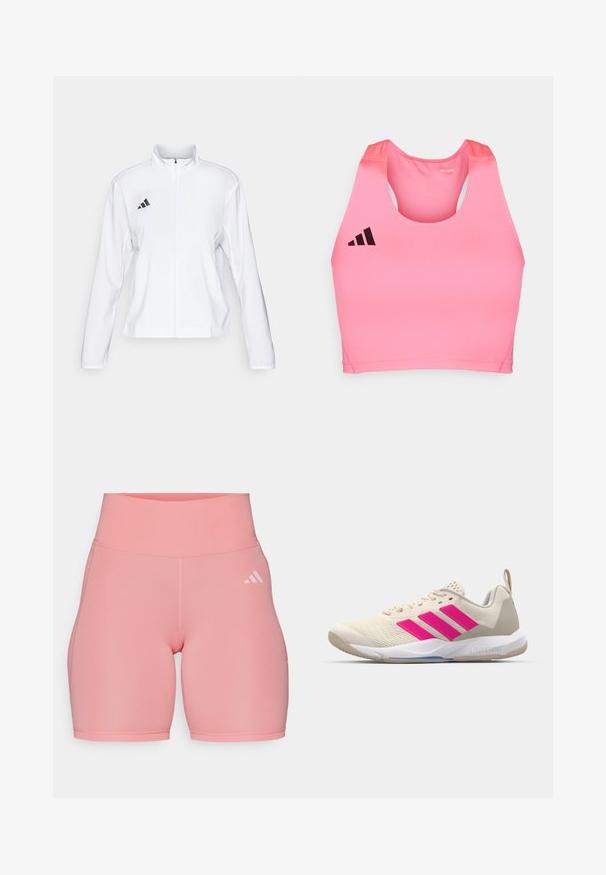 adidas Performance ADIZERO ESSENTIALS - Laufjacke - white; adidas Performance ADIZERO - Top - lucid pink; adidas Performance Tights - semi pink spark; Beige Sportsschuh mit pinkem Dreistreifen-Logo, strukturiertem Mesh-Obermaterial, gepolstertem Schaft und weißer Gummisohle, mit "LIGHTSTRIKE"-Branding.