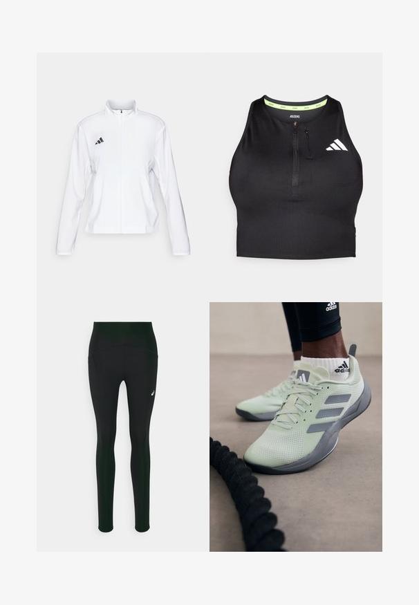 adidas Performance ADIZERO ESSENTIALS - Running jacket - white; Black athletic crop top with a zipper at the front, made from smooth fabric. Features a green inner neckline and a white logo on the side.; Black leggings with a high waist design, featuring a smooth texture and side pockets. Subtle reflective accents and a logo detail present.; adidas Performance RAPIDMOVE  - Training shoe - linen green/grey/grey five