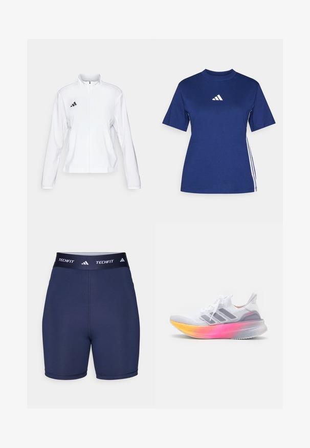 adidas Performance ADIZERO ESSENTIALS - Striukė bėgimui - white; Tamsiai mėlynas trumpomis rankovėmis marškinėliai, pagaminti iš medvilnės, su aukštu kaklu, puoštas balta logotipu ir kontrastingomis baltomis šoninėmis juostelėmis.; Tamsiai mėlynos sportinės šortai su lygiu paviršiumi, elastinga juosta su "TECHFIT" ir trimis juostelėmis, prigludęs dizainas, minimalus siūlių skaičius.; Balti sportiniai bateliai su kvėpuojančiu mezginiu, trimis pilkomis juostelėmis ir gradientiniu rožiniu-į-geltoną padu. Yra paminkštintas padas.