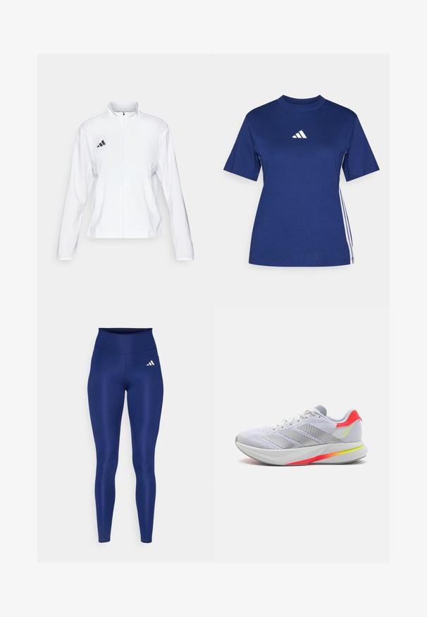 adidas Performance ADIZERO ESSENTIALS - Juoksutakki - white; T-paita, jossa on lyhyet hihat, tummansinisestä puuvillasta, korkealla kaula-aukolla, valkoisella logolla ja erottuvilla valkoisilla sivusuorilla.; Tummansiniset legginsit, jotka on valmistettu joustavasta materiaalista ja joissa on korkea vyötärö. Edessä vasemmassa reisissä on valkoinen Adidas-logo.; Valkoinen urheilujalkine, jossa on verkkopäällinen, harmaat yksityiskohdat, heijastavat raidat ja kirkas oranssi-keltainen gradienttipohja. Varustettu pehmustetulla keskiosalla.