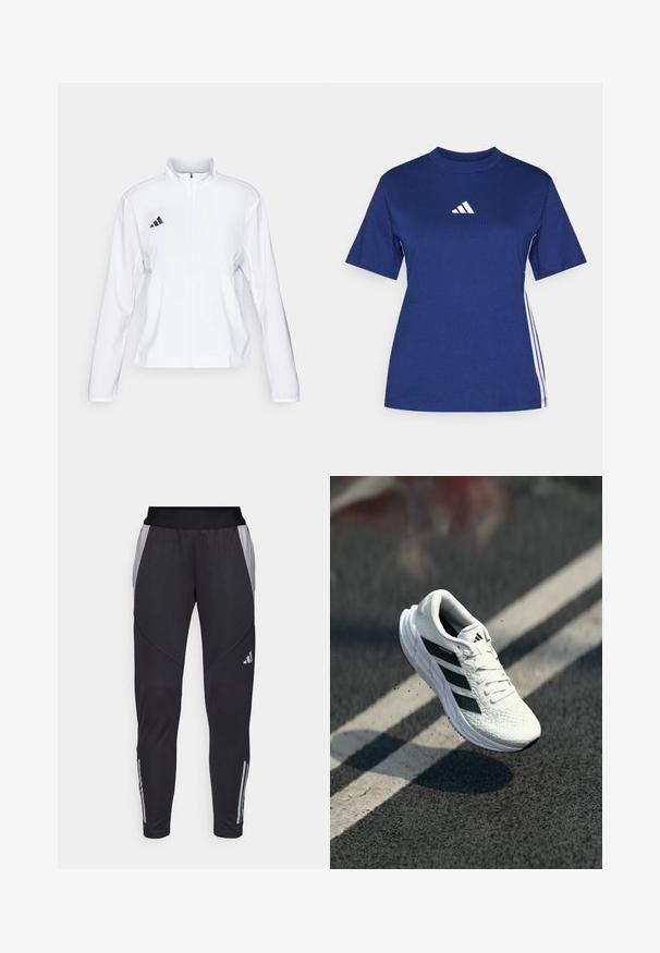 adidas Performance ADIZERO ESSENTIALS - Bežecká bunda - white; Námornícky modré tričko s krátkym rukávom vyrobené z bavlny s vysokým výstrihom, obsahujúce biele logo a kontrastné biele bočné pruhy.; Čierne športové nohavice so priliehavým strihom, so svetlosivými bočnými panelmi a jemnými trojpruhovými akcentmi v blízkosti členkov.; Biele bežecké topánky s texturovaným zvrškom, čiernym trojpruhovým dizajnom, polstrovaným golierom a ľahkou podrážkou, umiestnené vo vzduchu nad vozovkou.