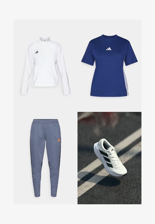 adidas Performance ADIZERO ESSENTIALS - Veste de running - white; T-shirt à manches courtes bleu marine en coton avec un col montant, arborant un logo blanc et des rayures blanches contrastantes sur les côtés.; Pantalons de sport gris avec une taille élastique, rayures noires sur les côtés et un logo orange sur la cuisse gauche. Texture de tissu lisse.; Chaussure de course blanche avec une tige texturée, design à trois rayures noires, col rembourré et semelle légère, positionnée en plein air au-dessus d'une surface routière.