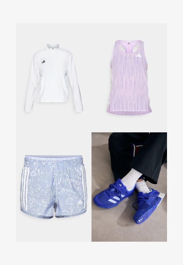 adidas Performance ADIZERO ESSENTIALS - Laufjacke - white; Lila sportlicher Tank-Top mit einem gemusterten, strukturierten Stoff. Verfügt über Ausschnitte an den Seiten und ein kleines weißes Logo auf der Vorderseite.; Hellblaue Laufshorts mit einem dezenten Leopardenmuster, elastischem Bund und drei weißen Streifen an jeder Seite.; Königsblaue Sportschuhe mit weißen Akzenten; Netz-Obermaterial, strukturierte Seiten, dicker Gummisohle und detailliertem Schnürsystem.
