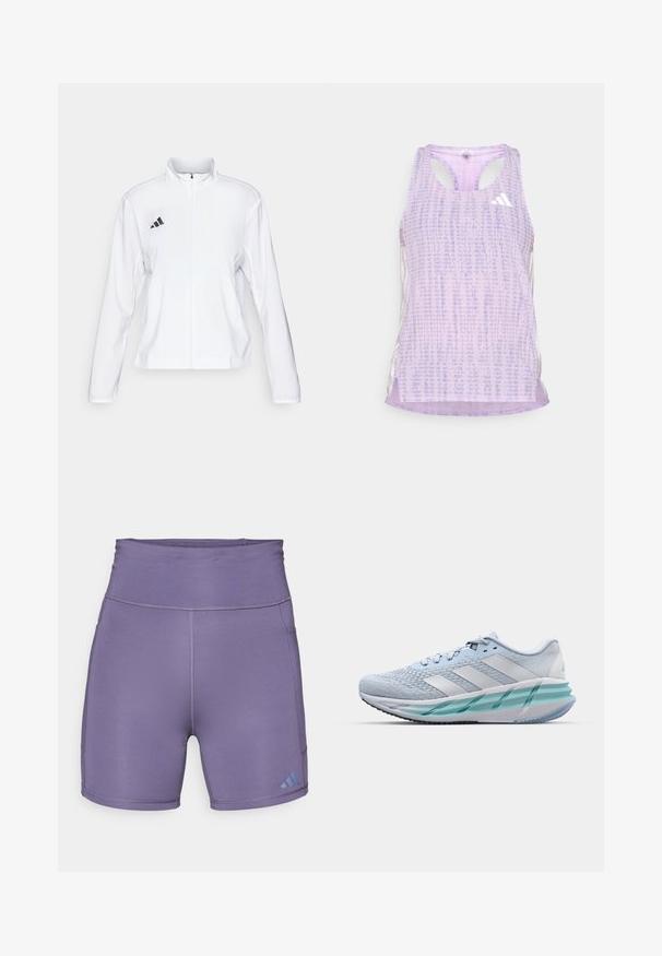 adidas Performance ADIZERO ESSENTIALS - Running jacket - white; Purple athletic tank top with a patterned, textured fabric. Features cutout sides and a small white logo on the front.; Purple athletic shorts with a high waistband, smooth texture, and contrasting blue logo on the lower left. Features flatlock seams.; Light blue athletic shoes with a textured knit upper, white accents, and a transparent green midsole. Rounded toe and padded collar.