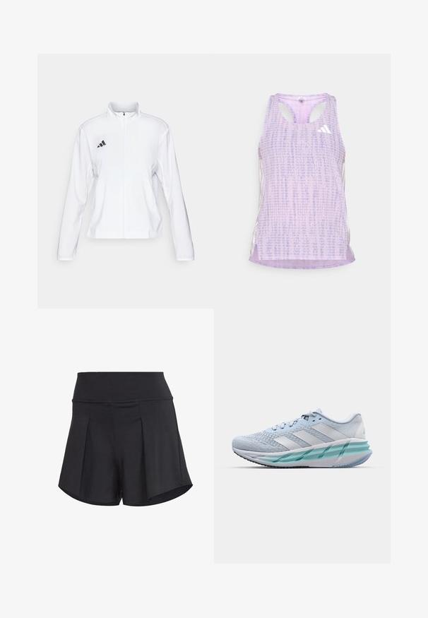 adidas Performance ADIZERO ESSENTIALS - Runningjack - white; Paars sport tanktop van een gemusterde, gestructureerde stof. Heeft uitsparingen aan de zijkanten en een klein wit logo aan de voorkant.; Zwarte sportshorts met een brede tailleband, voorzien van plooien, een gladde textuur en een relaxed fit. Geschikt voor sport of casual draag.; Lichtblauwe sportschoenen met een gestructureerde breitbovenkant, witte accenten en een doorzichtige groene tussenzool. Ronde neus en gevoerde kraag.