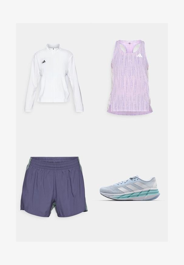 adidas Performance - Kurtka do biegania; Fioletowy sportowy top bez rękawów z wzorzystym, teksturowanym materiałem. Posiada wycięcia po bokach oraz małe białe logo z przodu.; Fioletowe spodenki sportowe z teksturowanym elastycznym pasem i jasnoszarymi panelami bocznymi. Linia dołu jest lekko wygięta dla poprawy ruchomości.; Jasnoniebieskie buty sportowe z teksturowaną cholewką z dzianiny, białymi akcentami i przezroczystą zieloną podeszwą środkową. Okrągły czubek i wyściełany kołnierz.