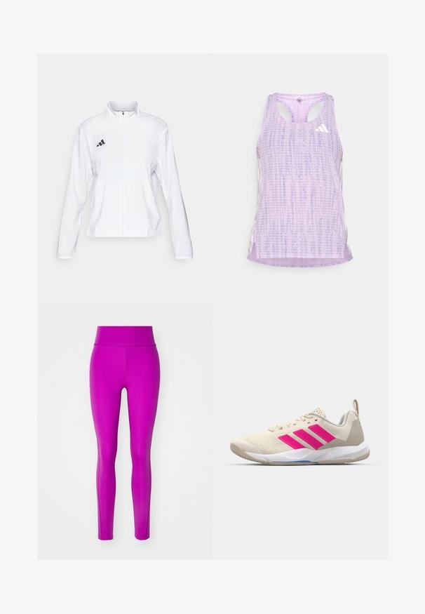 adidas Performance ADIZERO ESSENTIALS - Runningjack - white; Paars sport tanktop van een gemusterde, gestructureerde stof. Heeft uitsparingen aan de zijkanten en een klein wit logo aan de voorkant.; Aansluitende leggings van felroze stof met een gladde textuur en hoge tailleband, met een naadloos ontwerp en taps toelopende benen.; Beige sportshoe met een roze drie-strepen logo, een textuur-mesh bovenkant, een gevoerde kraag en een witte rubberen zool, met "LIGHTSTRIKE" branding.