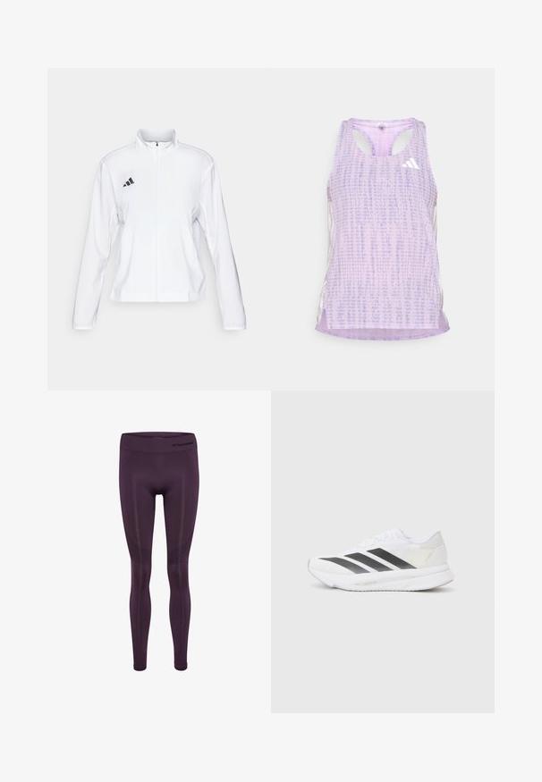adidas Performance ADIZERO ESSENTIALS - Giacca da running - white; Top atletico viola con tessuto a patterned e texturizzato. Presenta lati con ritagli e un piccolo logo bianco sulla parte anteriore.; Leggings atletici viola realizzati in tessuto elasticizzato, con una vita alta e sottili motivi testurizzati lungo i lati.; Scarpa sportiva bianca con strisce diagonali nere, tomaia in rete, punta arrotondata e suola testurizzata. Gli accenti includono un tallone argentato e un design minimalista.