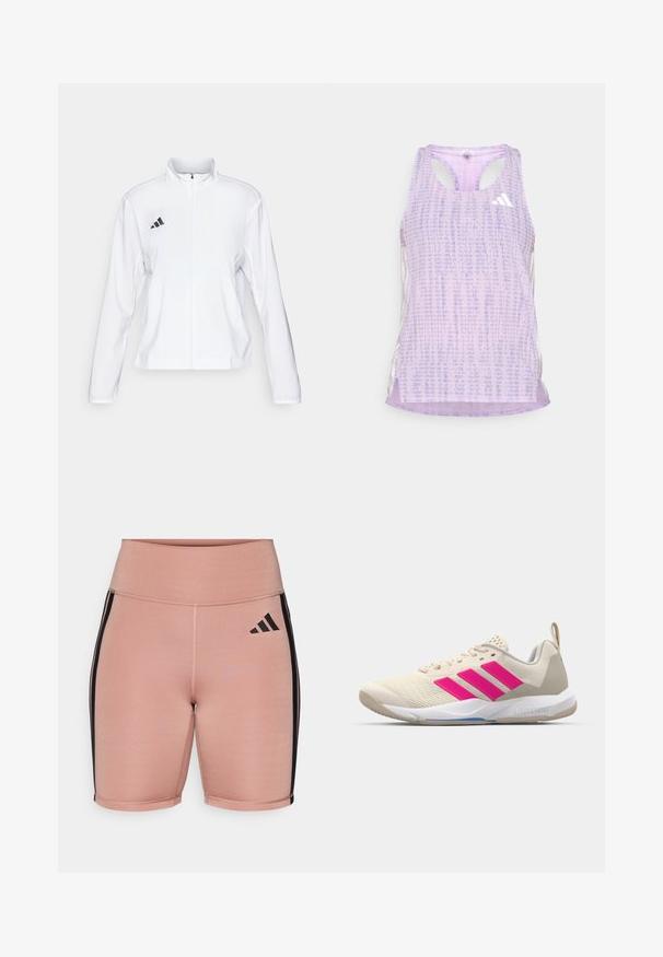 adidas Performance ADIZERO ESSENTIALS - Løpejakke - white; Lilla idrettstopp med mønstrete, teksturert stoff. Har utskårne sider og en liten hvit logo foran.; Rosa treningsshorts med høy midje, laget av elastisk materiale. Har svarte sidelister og Adidas-logoen på venstre side.; Beige atletik sko med rosa tre-stripes logo, teksturert mesh-overdel, polstret krage og hvit gummisåle, med "LIGHTSTRIKE" merke.
