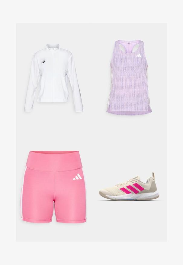 adidas Performance ADIZERO ESSENTIALS - Runningjack - white; Paars sport tanktop van een gemusterde, gestructureerde stof. Heeft uitsparingen aan de zijkanten en een klein wit logo aan de voorkant.; Roze sportshorts gemaakt van rekbaar materiaal. Bevat witte zijkanten en een wit logo aan de voorkant. Ontwerp met hoge taille.; Beige sportshoe met een roze drie-strepen logo, een textuur-mesh bovenkant, een gevoerde kraag en een witte rubberen zool, met "LIGHTSTRIKE" branding.