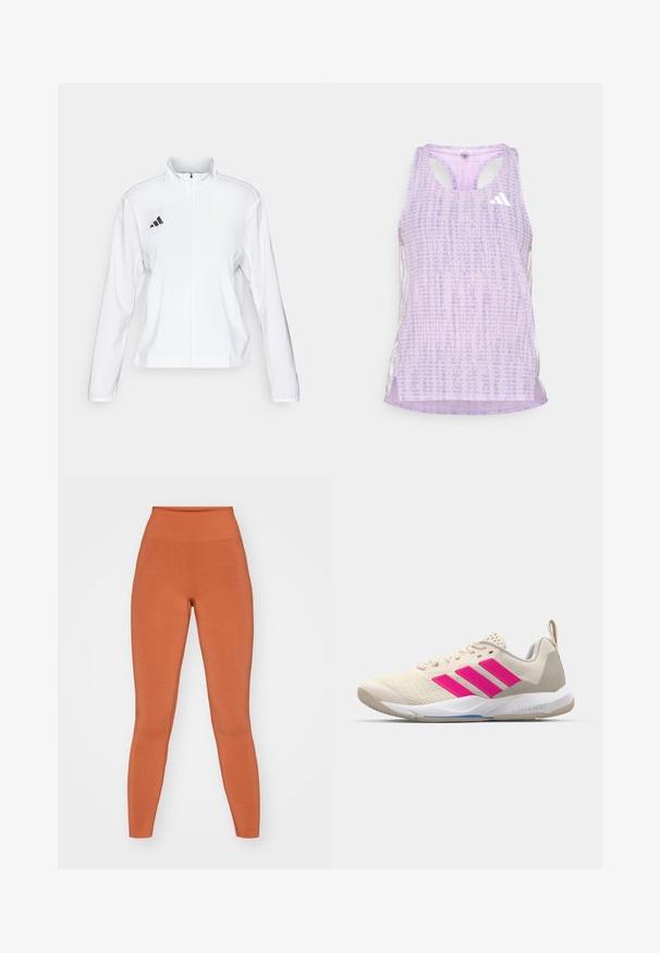 adidas Performance ADIZERO ESSENTIALS - Løpejakke - white; Lilla idrettstopp med mønstrete, teksturert stoff. Har utskårne sider og en liten hvit logo foran.; Orange høytliv leggings laget av mykt, elastisk stoff. Glatt tekstur med en tettsittende silhuett, sømløs konstruksjon og ankellengde.; Beige atletik sko med rosa tre-stripes logo, teksturert mesh-overdel, polstret krage og hvit gummisåle, med "LIGHTSTRIKE" merke.