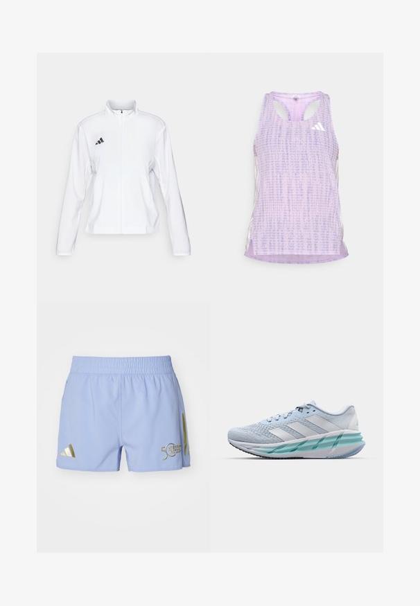 adidas Performance ADIZERO ESSENTIALS - Chaqueta de running - white; Camisa deportiva morada sin mangas, con una tela texturizada y con estampado. Presenta cortes a los lados y un pequeño logo blanco en la parte delantera.; adidas Performance SHORT - Pantalón corto de deporte - blue spark; Zapatillas deportivas azul claro con un upper de punto texturizado, acentos blancos y una suela intermedia verde transparente. Punta redondeada y cuello acolchado.