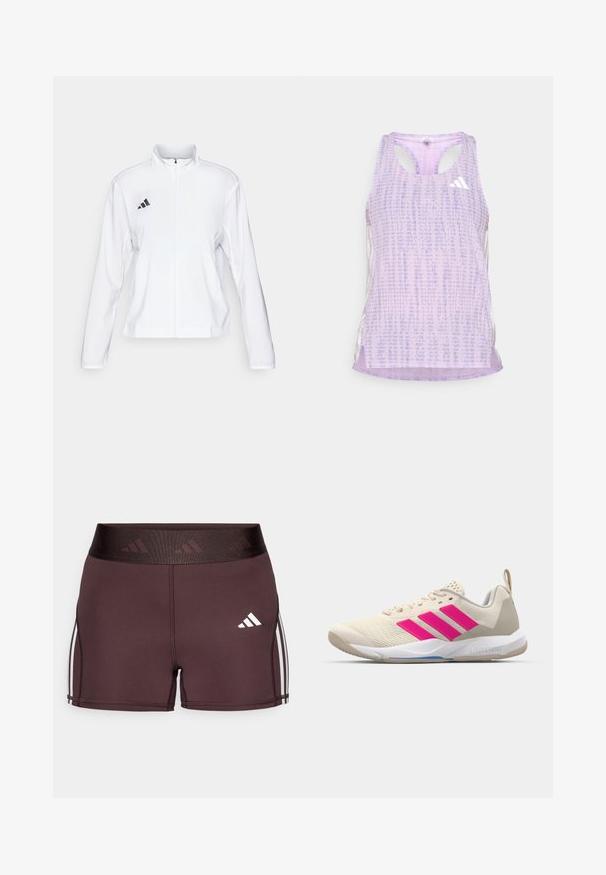 adidas Performance ADIZERO ESSENTIALS - Løbejakker - white; Lilla atletisk tanktop med et mønstret, tekstureret stof. Har udskårne sider og et lille hvidt logo foran.; Bordeaux sportsshorts med høj talje, der har et logo og hvide sidestriber. Lavet af glat, strækbart stof for komfort.; Beige sportsko med pink tre-stribede logo, tekstureret mesh overdel, polstret krave og hvid gummisål, med "LIGHTSTRIKE" branding.