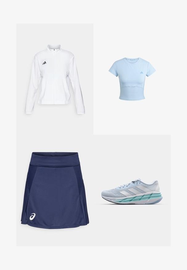 adidas Performance ADIZERO ESSENTIALS - Chaqueta de running - white; Camiseta deportiva corta de color azul claro con mangas cortas, sección inferior acanalada y un logo sutil en el pecho. Textura suave, diseño ajustado.; Falda de tenis azul marino hecha de una mezcla de poliéster, con una cinturilla suave, un diseño con pliegues y un logo blanco en la parte inferior izquierda.; Zapatillas deportivas azul claro con un upper de punto texturizado, acentos blancos y una suela intermedia verde transparente. Punta redondeada y cuello acolchado.