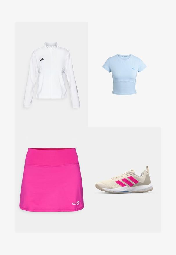 adidas Performance ADIZERO ESSENTIALS - Giacca da running - white; T-shirt atletico azzurro chiaro, cropped, con maniche corte, sezione inferiore a costine e logo discreto sul petto. Tessuto liscio, design aderente.; Endless FALDA MINIMAL - Gonna sportiva - deep fucsia; Scarpa sportiva beige con logo a tre strisce rosa, tomaia in rete testurizzata, collo imbottito e suola in gomma bianca, con il marchio "LIGHTSTRIKE".