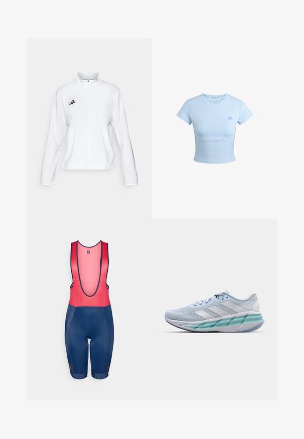 adidas Performance ADIZERO ESSENTIALS - Běžecká bunda - white; Světle modré sportovní tričko s krátkými rukávy a zkráceným střihem, žebrovanou spodní částí a jemným logem na hrudi. Hladká textura, přiléhavý design.; Cyklistické šortky s laclem v námořnické modré a červené. Mají bezrukávový síťovaný vršek a polstrované šortky, s kontrastními barevnými akcenty a detaily loga.; Světlomodré sportovní boty s texturovaným pleteným svrškem, bílými akcenty a průhledným zeleným mezipodešví. Oválná špička a polstrovaný límec.
