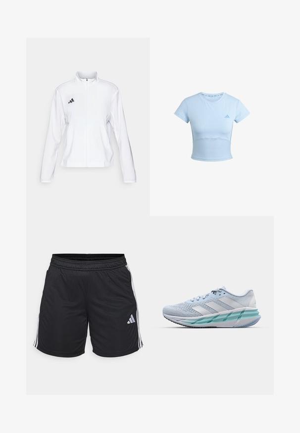 adidas Performance - Kurtka do biegania; Jasnoniebieska sportowa koszulka cropped z krótkim rękawem, żebrowaną dolną częścią i subtelnym logo na klatce piersiowej. Gładka struktura, dopasowany krój.; Czarne spodenki sportowe o lekkiej, gładkiej teksturze. Posiadają białe boczne paski oraz małe srebrne logo w lewym dolnym rogu. Elastyczny pasek w talii.; Jasnoniebieskie buty sportowe z teksturowaną cholewką z dzianiny, białymi akcentami i przezroczystą zieloną podeszwą środkową. Okrągły czubek i wyściełany kołnierz.