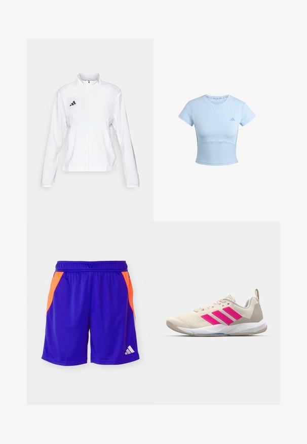 adidas Performance ADIZERO ESSENTIALS - Laufjacke - white; Hellblauses, kurzärmeliges Sports T-Shirt mit cropped Schnitt, geripptem Unterteil und dezentem Logo auf der Brust. Glatte Textur, figurbetontes Design.; Lila Sportshorts mit leuchtend orangefarbenen Seiteneinsätzen, elastischem Bund und weißem Logo. Das Material wirkt leicht und glatt.; Beige Sportsschuh mit pinkem Dreistreifen-Logo, strukturiertem Mesh-Obermaterial, gepolstertem Schaft und weißer Gummisohle, mit "LIGHTSTRIKE"-Branding.
