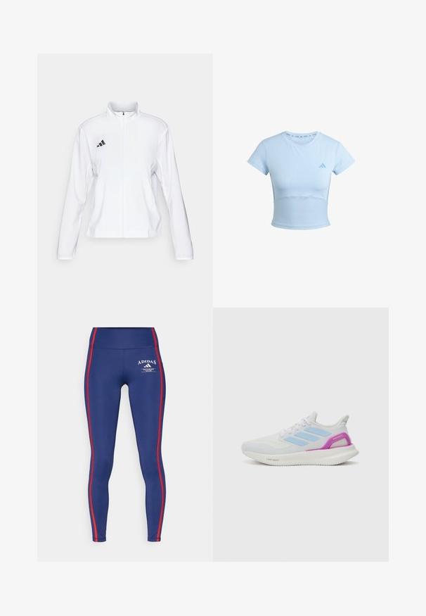 adidas Performance ADIZERO ESSENTIALS - Running jacket - white; Light blue cropped athletic t-shirt with short sleeves, ribbed lower section, and subtle logo on the chest. Smooth texture, fitted design.; Navy leggings made of stretchy material, featuring red side stripes and an Adidas logo, with a high waist design for comfort.; adidas Performance PUREBOOST 5 - Road running shoes - white/glow blue/purple burst