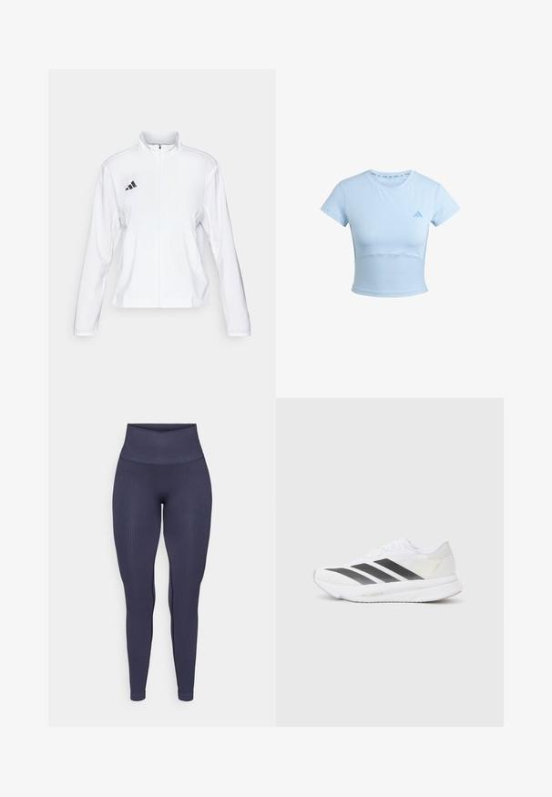 adidas Performance ADIZERO ESSENTIALS - Running jacket - white; Light blue cropped athletic t-shirt with short sleeves, ribbed lower section, and subtle logo on the chest. Smooth texture, fitted design.; Navy blue ribbed leggings with a high waistband, form-fitting design, and a smooth texture, featuring subtle side seam details.; White athletic shoe with black diagonal stripes, mesh upper, rounded toe, and textured sole. Accents include a silver heel and minimalistic design.