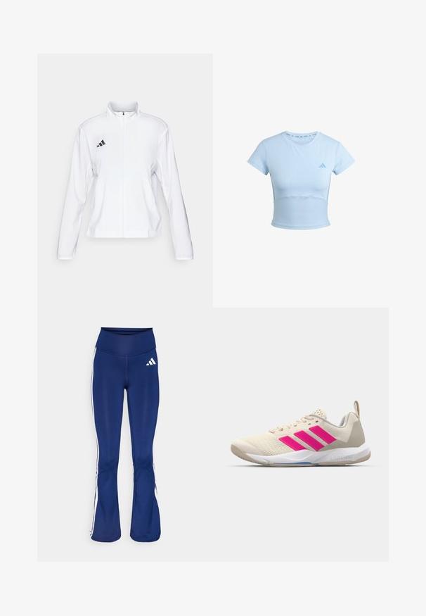 adidas Performance ADIZERO ESSENTIALS - Chaqueta de running - white; Camiseta deportiva corta de color azul claro con mangas cortas, sección inferior acanalada y un logo sutil en el pecho. Textura suave, diseño ajustado.; Leggings navy acampanados de tejido elástico, con franjas blancas en los laterales y el logo de Adidas en la cadera izquierda. Textura suave, cintura alta.; Zapatilla deportiva beige con logo de tres rayas rosa, parte superior de malla texturizada, cuello acolchado y suela de goma blanca, con la marca "LIGHTSTRIKE".