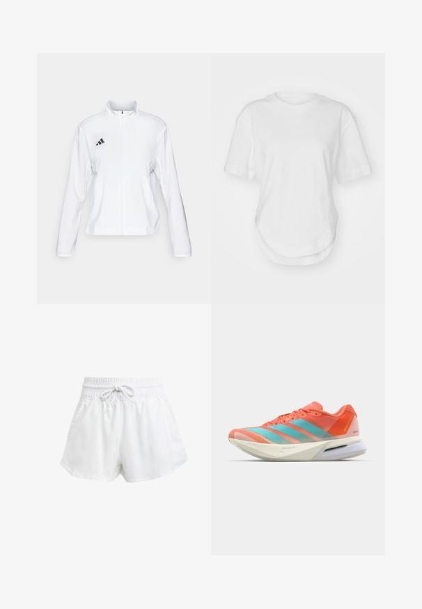 adidas Performance ADIZERO ESSENTIALS - Veste de running - white; T-shirt en coton blanc avec un col rond, des manches courtes et un ourlet arrondi. Texture lisse, sans motifs ni accents.; Shorts de sport blancs avec une taille élastique et un cordon de serrage réglable. Fabriqués en matériau léger, ils sont dotés de poches latérales et d'une coupe ample.; Chaussure de course avec une tige en mesh respirant de couleur corail et aqua, dotée de trois rayures, d'une semelle rembourrée et d'un design épuré.