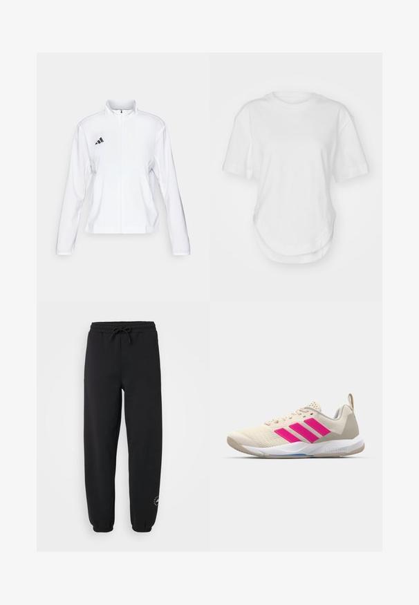 adidas Performance ADIZERO ESSENTIALS - Striukė bėgimui - white; Balta medvilninė marškinė su apvaliu kaklu, trumpomis rankovėmis ir išlenktu apatiniu kraštu. Lygi tekstūra be raštų ar akcentų.; Juodi sportiniai kelnytės, pagamintos iš minkštos medžiagos, su elastinga juosta ir raišteliu, uždengtomis kulkšnimis ir maža logotipu ant apatinės kojos.; Bežiniai sportiniai bateliai su rožinėmis trimis juostomis, tekstūruota tinklelio viršutinė dalis, paminkštinta apykaklė ir balta guma neslystančia padu, turintys "LIGHTSTRIKE" prekės ženklą.