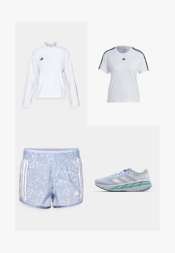 adidas Performance ADIZERO ESSENTIALS - Laufjacke - white; Weißes Sport-T-Shirt aus Baumwolle mit schwarzen Schulterstreifen und einem Adidas-Logo auf der Brust. Kurze Ärmel, Rundhals-Design.; Hellblaue Laufshorts mit einem dezenten Leopardenmuster, elastischem Bund und drei weißen Streifen an jeder Seite.; Helle blaue Sportschuhe mit einem strukturierten Strickobermaterial, weißen Akzenten und einer transparenten grünen Zwischensohle. Abgerundete Zehenpartie und gepolsterter Schaft.