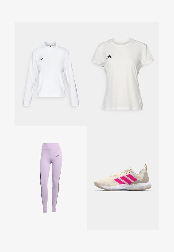 adidas Performance ADIZERO ESSENTIALS - Running jacket - white; White athletic t-shirt made of moisture-wicking fabric. Short sleeves, crew neck, features black logo and three-stripe emblem on left chest.; Purple athletic leggings featuring a high waist, stretch fabric, black side stripes, and the Adidas logo on the front.; Beige athletic shoe with pink three-stripe logo, textured mesh upper, padded collar, and white rubber sole, featuring "LIGHTSTRIKE" branding.