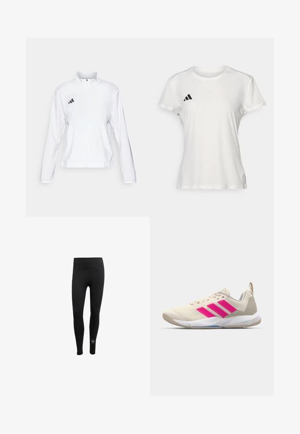 adidas Performance ADIZERO ESSENTIALS - Spordijope - white; Valge sportlik t-särk niiskust eemal hoidvast kangast. Lühikesed varrukad, ümar kaelus, must logo ja kolme triibu embleem vasakul rinnal.; Naistel mustad retuusid, mis on valmistatud venivast kangast. Need sisaldavad kõrget vöökohta ja õmblusvaba disaini, millel on ümmargune tagapaneel ja logo detail.; Beige spordijalanõud roosa kolme triibu logoga, tekstureeritud võrkkangas peal, polsterdatud sääreosa ja valge kummist tallaga, kus on "LIGHTSTRIKE" bränd.