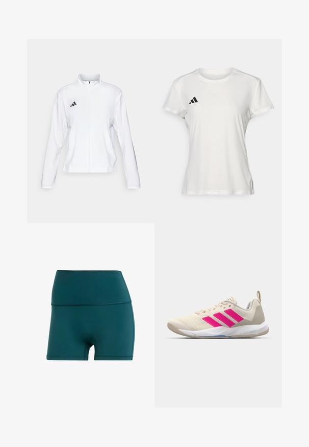 adidas Performance ADIZERO ESSENTIALS - Bežecká bunda - white; Biely športový tričko vyrobené z tkaniny odvádzajúcej vlhkosť. Krátke rukávy, okrúhly výstrih, s čiernym logom a emblémom s tromi pruhmi na ľavej hrudi.; Modré športové šortky vyrobené z hladkého, elastického materiálu. Vysoký pás s plochými švami, s priliehavým strihom a dĺžkou do polovice stehna.; Béžová atletická obuv s ružovým logom trojpruhov, textúrovaný sieťový zvršok, polstrovaný golier a biela gumová podrážka s označením "LIGHTSTRIKE".