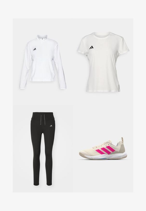 adidas Performance ADIZERO ESSENTIALS - Laufjacke - white; Weißes Sport-T-Shirt aus feuchtigkeitsregulierendem Material. Kurze Ärmel, Rundhals, mit schwarzem Logo und drei-Streifen-Emblem auf der linken Brust.; Schwarze Sportleggings mit hohem Taillenbund, ausgestattet mit stylishem Schnürdetail und subtiler Logo-Platzierung an der Seite. Glattes, dehnbares Material.; Beige Sportsschuh mit pinkem Dreistreifen-Logo, strukturiertem Mesh-Obermaterial, gepolstertem Schaft und weißer Gummisohle, mit "LIGHTSTRIKE"-Branding.