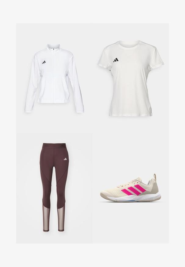 adidas Performance ADIZERO ESSENTIALS - Giacca da running - white; T-shirt sportivo bianco realizzato in tessuto traspirante. Maniche corte, colletto rotondo, presenta un logo nero e un emblema a tre strisce sul lato sinistro del petto.; Leggings sportivi color bordeaux con pannelli in rete, design aderente e vita elasticizzata. Presentano un logo bianco sulla coscia sinistra e dettagli delle cuciture.; Scarpa sportiva beige con logo a tre strisce rosa, tomaia in rete testurizzata, collo imbottito e suola in gomma bianca, con il marchio "LIGHTSTRIKE".