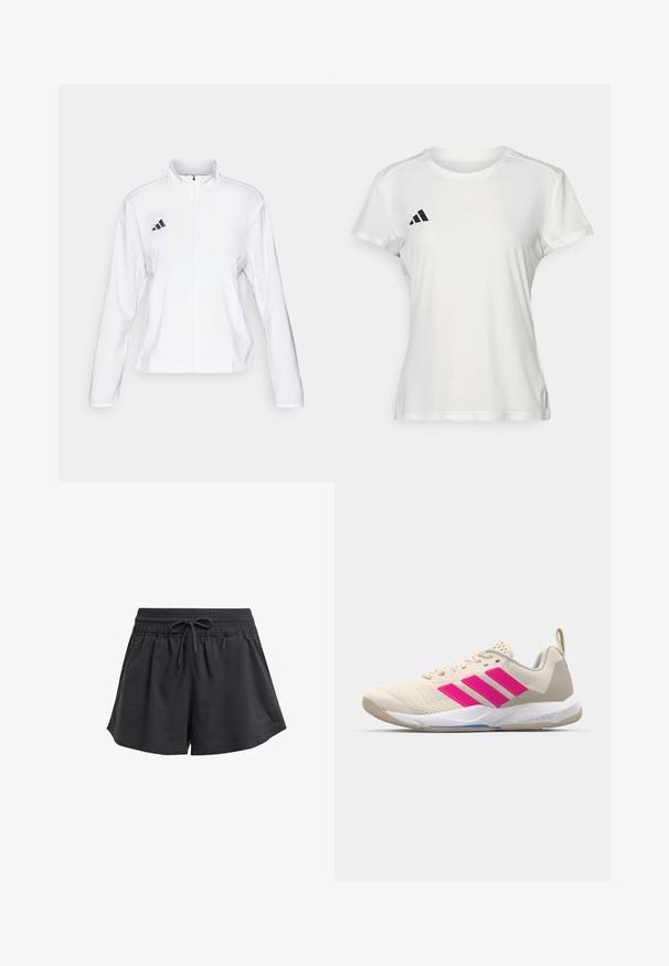 adidas Performance ADIZERO ESSENTIALS - Striukė bėgimui - white; Balta sportinė marškinėliai, pagaminti iš drėgmę praleidžiančios medžiagos. Trumpi rankoviai, apvalus iškirpimas, juoda logotipas ir trijų juostų emblema kairėje krūtinės pusėje.; Juodos sportinės šortai su elastinga juosmena, vidiniu virvutės reguliatoriu ir šoninėmis skoriztėmis. Pagaminta iš lygaus, lengvo audinio.; Bežiniai sportiniai bateliai su rožinėmis trimis juostomis, tekstūruota tinklelio viršutinė dalis, paminkštinta apykaklė ir balta guma neslystančia padu, turintys "LIGHTSTRIKE" prekės ženklą.
