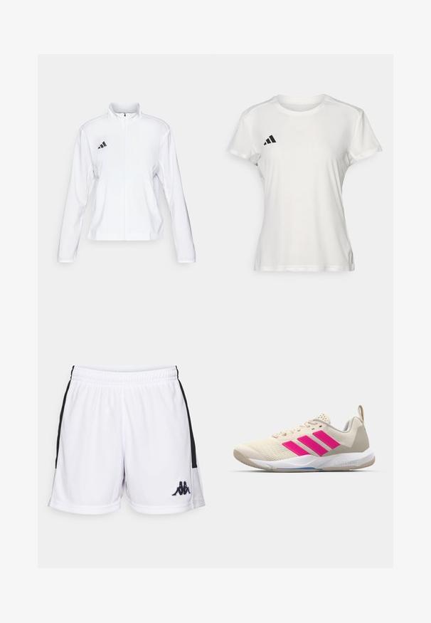 adidas Performance ADIZERO ESSENTIALS - Striukė bėgimui - white; Balta sportinė marškinėliai, pagaminti iš drėgmę praleidžiančios medžiagos. Trumpi rankoviai, apvalus iškirpimas, juoda logotipas ir trijų juostų emblema kairėje krūtinės pusėje.; Balti atletiniai šortai, pagaminti iš lengvos medžiagos, su juodomis šoninėmis detalėmis ir mažuoju juodu logotipu kairėje apatinėje priekyje.; Bežiniai sportiniai bateliai su rožinėmis trimis juostomis, tekstūruota tinklelio viršutinė dalis, paminkštinta apykaklė ir balta guma neslystančia padu, turintys "LIGHTSTRIKE" prekės ženklą.