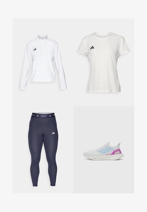 adidas Performance ADIZERO ESSENTIALS - Running jacket - white; White athletic t-shirt made of moisture-wicking fabric. Short sleeves, crew neck, features black logo and three-stripe emblem on left chest.; Navy fitted leggings made of stretchy fabric, featuring a contrasting white "TECHFIT" logo and emblem on the waistband.; adidas Performance PUREBOOST 5 - Road running shoes - white/glow blue/purple burst