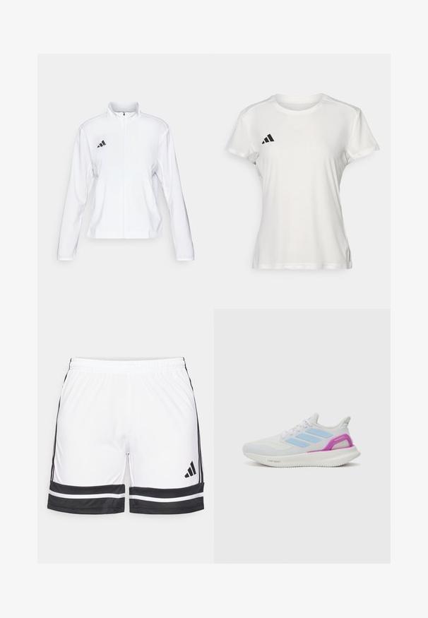 adidas Performance ADIZERO ESSENTIALS - Jachetă sport - white; Tricou sportiv alb din material care absoarbe umezeala. Mâneci scurte, guler rotund, cu logo negru și emblemă cu trei dungi pe pieptul stâng.; Shorts sportive albe cu accente negre, având un brâu elastic și dungi negre contrastante pe margine și pe laturi.; adidas Performance PUREBOOST 5 - Pantofi de alergare pe asfalt - white/glow blue/purple burst