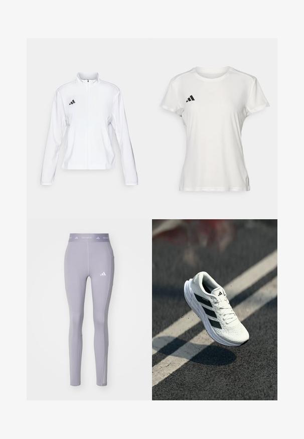 adidas Performance ADIZERO ESSENTIALS - Løpejakke - white; Hvit treningst-skjorte laget av fukttransporterende stoff. Korte ermer, rund hals, med svart logo og tre-stripes emblem på venstre bryst.; adidas Performance STASH - Leggings - glory grey; Hvit joggesko med texturert overdel, svart trestripesdesign, polstret krage og lett såle, plassert midt i luften over en veiroverflate.