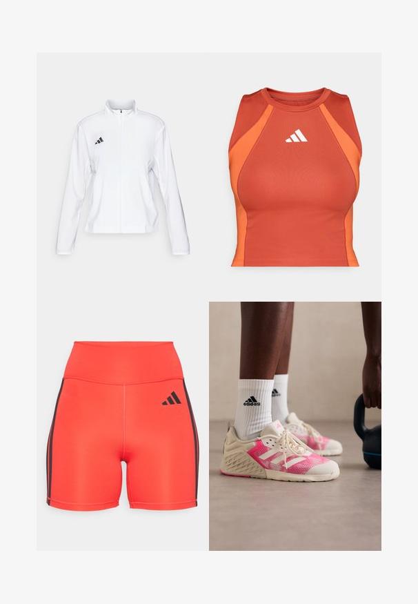 adidas Performance ADIZERO ESSENTIALS - Runningjack - white; Oranje atletisch crop top gemaakt van een glad, rekbaar materiaal. Heeft een racerback ontwerp en een wit logo op de voorkant.; Heldere rode sportshorts met een hoge taille, voorzien van zwarte zijstrepen en een Adidas-logo. Gemaakt van rekbare stof voor comfort.; Lichte atletiekschoenen met een roze mesh bovenwerk, beige accenten en witte veters. Geprofileerde zool met zwarte branding op de sokken.