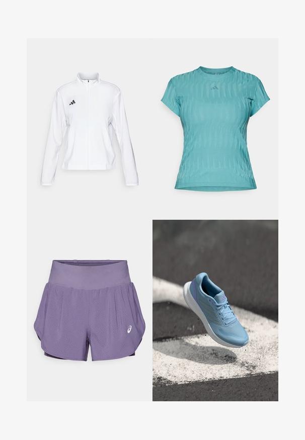 adidas Performance ADIZERO ESSENTIALS - Jachetă sport - white; Camică de sport cu mânecă scurtă de culoare aqua, cu un design texturat, având un guler rotund și un mic logo pe piept.; Pantaloni scurți sportivi violet dintr-o țesătură texturată, respirabilă și cu un design perforat. Au un talie lată și un logo Asics pe lateral.; Pantof sport albastru deschis cu partea superioară din material texturat, accente mov și talpă albă amortizată. Dispune de trei dungi pe lateral.