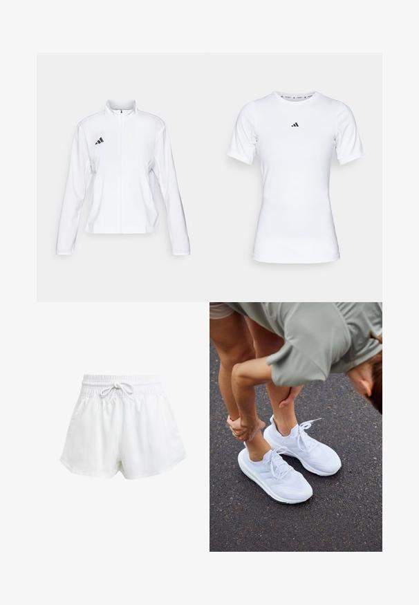 adidas Performance ADIZERO ESSENTIALS - Runningjack - white; Witte sportshirt met korte mouwen, gemaakt van zachte, rekbare stof. Voorzien van een klein zwart Adidas-logo op de borst.; Witte sportieve shorts met een elastische tailleband en verstelbaar trekkoord. Gemaakt van lichtgewicht materiaal, met zijzakken en een losse pasvorm.; Witte sportieve schoenen met meshpanelen en gestructureerde zolen, voorzien van veters en een gewatteerd ontwerp, geplaatst op een asfaltoppervlak.