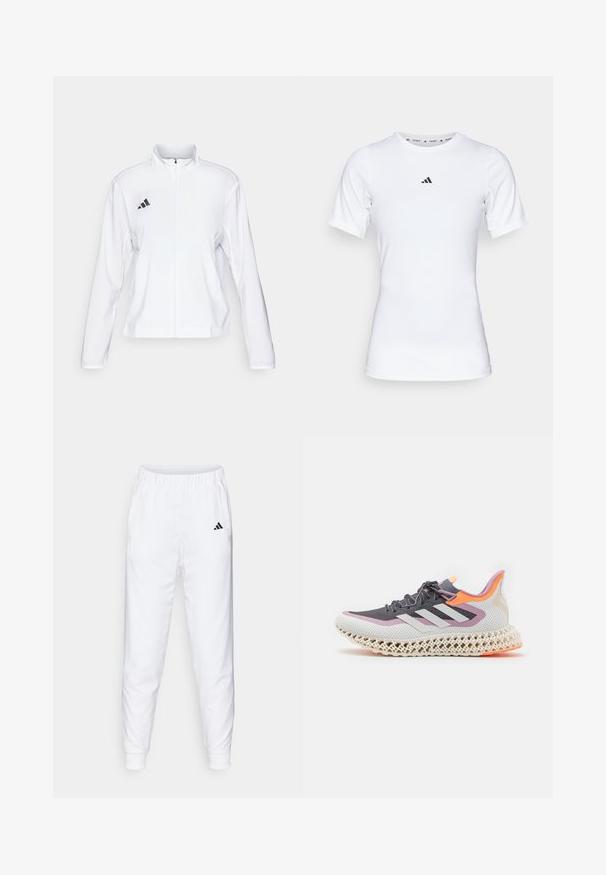 adidas Performance ADIZERO ESSENTIALS - Runningjack - white; Witte sportshirt met korte mouwen, gemaakt van zachte, rekbare stof. Voorzien van een klein zwart Adidas-logo op de borst.; Witte sportbroeken met elastische tailleband en boorden. Voorzien van zijzakken en een klein zwart logo op de linkerdij. Gladde stofafwerking.; adidas Performance 4DFWD 2 W - Hardloopschoenen voor op de weg - grey