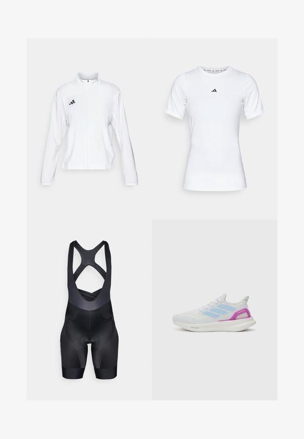 adidas Performance ADIZERO ESSENTIALS - Jachetă sport - white; Cămașă sport albă cu mâneci scurte, realizată dintr-un material neted și elastic. Prezintă un mic logo Adidas negru pe piept.; Bermude de ciclism negre cu un design ajustat, partea superioară texturată și zona de șezut căptușită. Au bretele în cruce și nu prezintă logo-uri vizibile.; adidas Performance PUREBOOST 5 - Pantofi de alergare pe asfalt - white/glow blue/purple burst