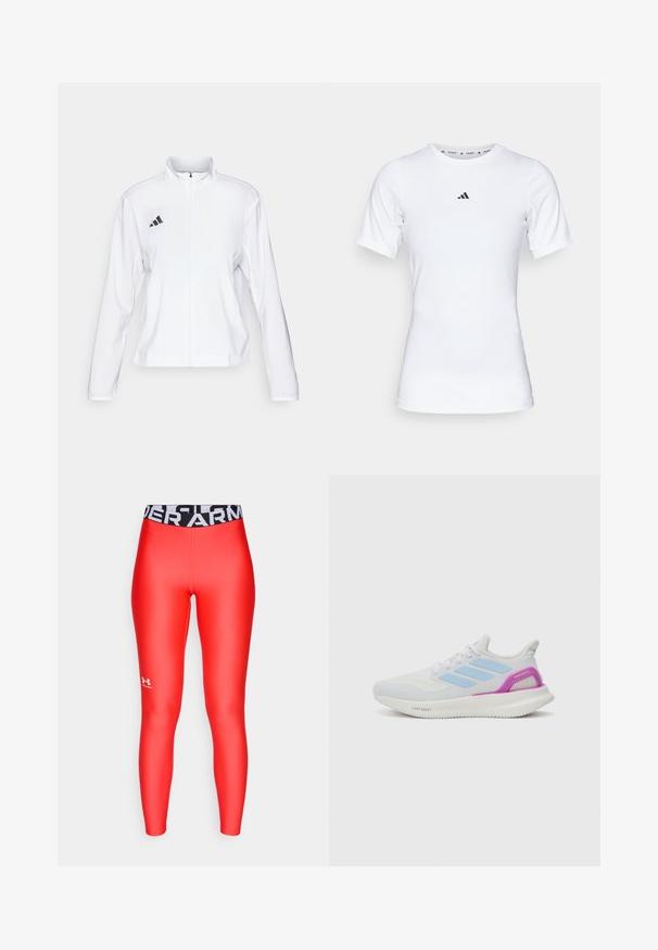 adidas Performance ADIZERO ESSENTIALS - Running jacket - white; White athletic shirt with short sleeves, made of smooth, stretch fabric. Features a small black Adidas logo on the chest.; Red leggings made of a smooth, stretchy material with a black waistband featuring "UNDER ARMOUR" in white. Small logo on the lower leg.; adidas Performance PUREBOOST 5 - Road running shoes - white/glow blue/purple burst