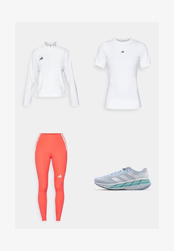 adidas Performance ADIZERO ESSENTIALS - Giacca da running - white; Maglietta sportiva bianca a maniche corte, realizzata in tessuto liscio e elasticizzato. Presenta un piccolo logo Adidas nero sul petto.; Leggings aderenti a vita alta in un vivace color corallo con strisce laterali bianche e un piccolo logo bianco sulla gamba sinistra. Tessuto liscio e elasticizzato.; Scarpe da ginnastica azzurro chiaro con tomaia in maglia testurizzata, accenti bianchi e suola intermedia verde trasparente. Punta rotonda e colletto imbottito.