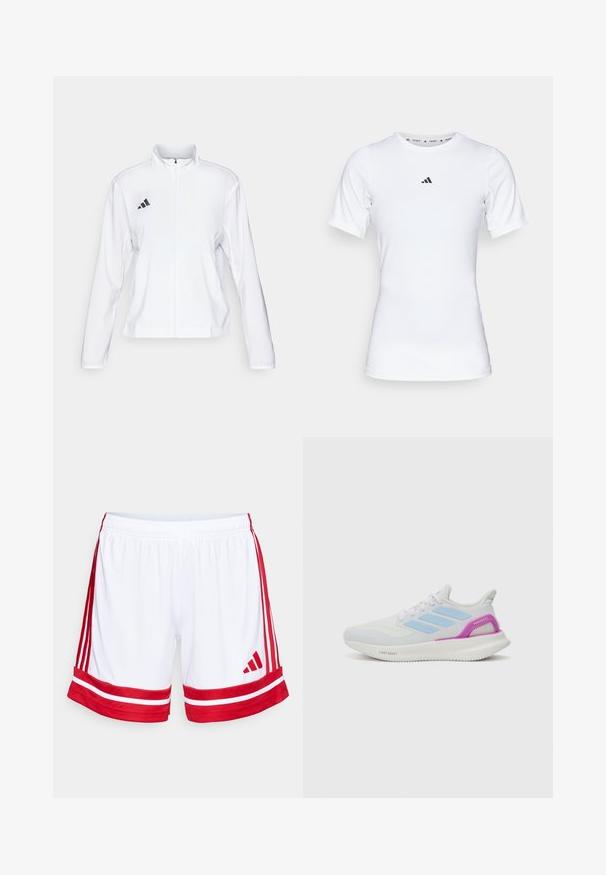 adidas Performance ADIZERO ESSENTIALS - Giacca da running - white; Maglietta sportiva bianca a maniche corte, realizzata in tessuto liscio e elasticizzato. Presenta un piccolo logo Adidas nero sul petto.; Shorts sportivi bianchi con strisce e rifiniture rosse ai lati. Presentano una vita elasticizzata e il logo Adidas in rosso in basso a sinistra.; adidas Performance PUREBOOST 5 - Scarpe da corsa su strada - white/glow blue/purple burst