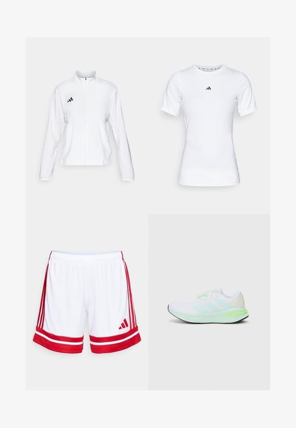 adidas Performance ADIZERO ESSENTIALS - Løpejakke - white; Hvit idrettsskjorte med korte ermer, laget av glatt, elastisk stoff. Har en liten svart Adidas-logo på brystet.; Hvite sportsshorts med røde sidestiper og kant. Har elastisk midjebånd og Adidas-logoet i rødt nederst til venstre.; Hvit treningstype sko med mesh-overdel, limegrønne detaljer og svart såle. Har tre striper-design på siden og polstret krage.