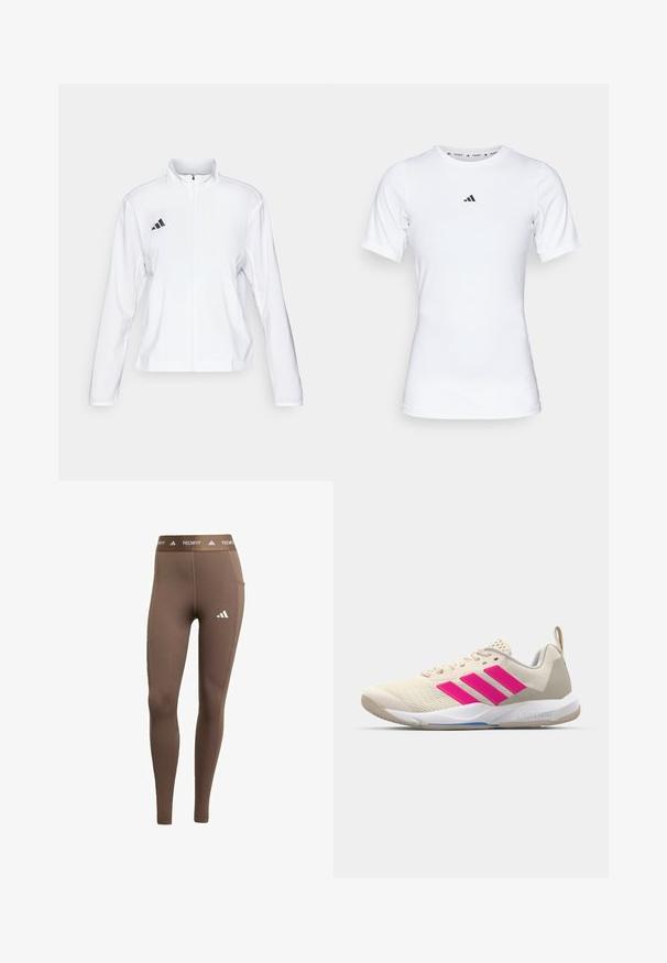 adidas Performance ADIZERO ESSENTIALS - Løbejakker - white; Hvid atletisk skjorte med korte ærmer, lavet af glat, strækbart stof. Har et lille sort Adidas-logo på brystet.; Brune sporty leggings lavet af strækbart materiale. Indeholder et hvidt logo på venstre ben og en mærkebånd i taljen. Glat tekstur og tætsiddende pasform.; Beige sportsko med pink tre-stribede logo, tekstureret mesh overdel, polstret krave og hvid gummisål, med "LIGHTSTRIKE" branding.